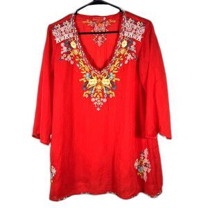 Johnny Was Artisan Embroidered Boho Peasant Tunic Blouse Scarlet Red M